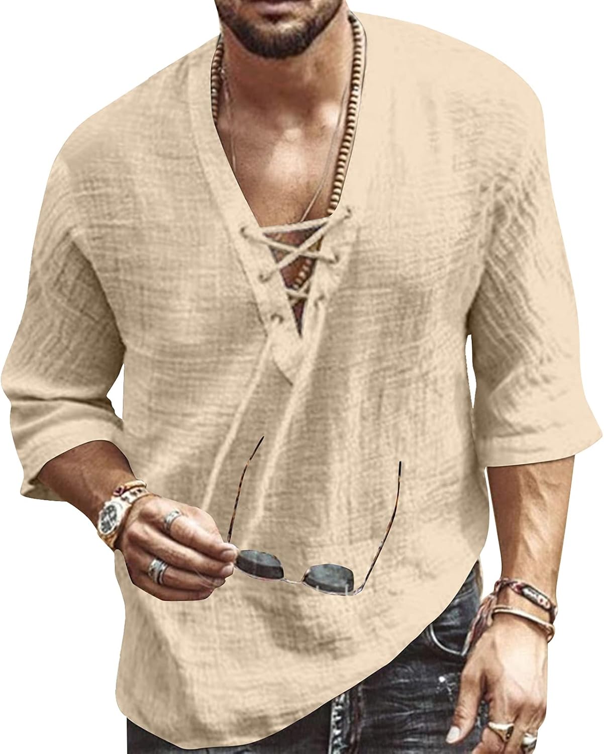 Men’s Fashion Shirt Short Sleeve Beach V-Neck Drawstring Printing Yoga African Summer Top