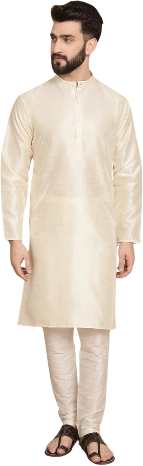 SKAVIJ Men Art Silk Kurta Pyjama Long Sleeve Casual Ethnic Gown Dress Pants Shirt Set