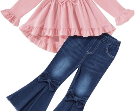 Kid Toddler Girl Clothes Bowknot Ruffle Sleeve Top + Denim Bell Bottom Jeans Pants 2PC Fall Winter Outfit Set