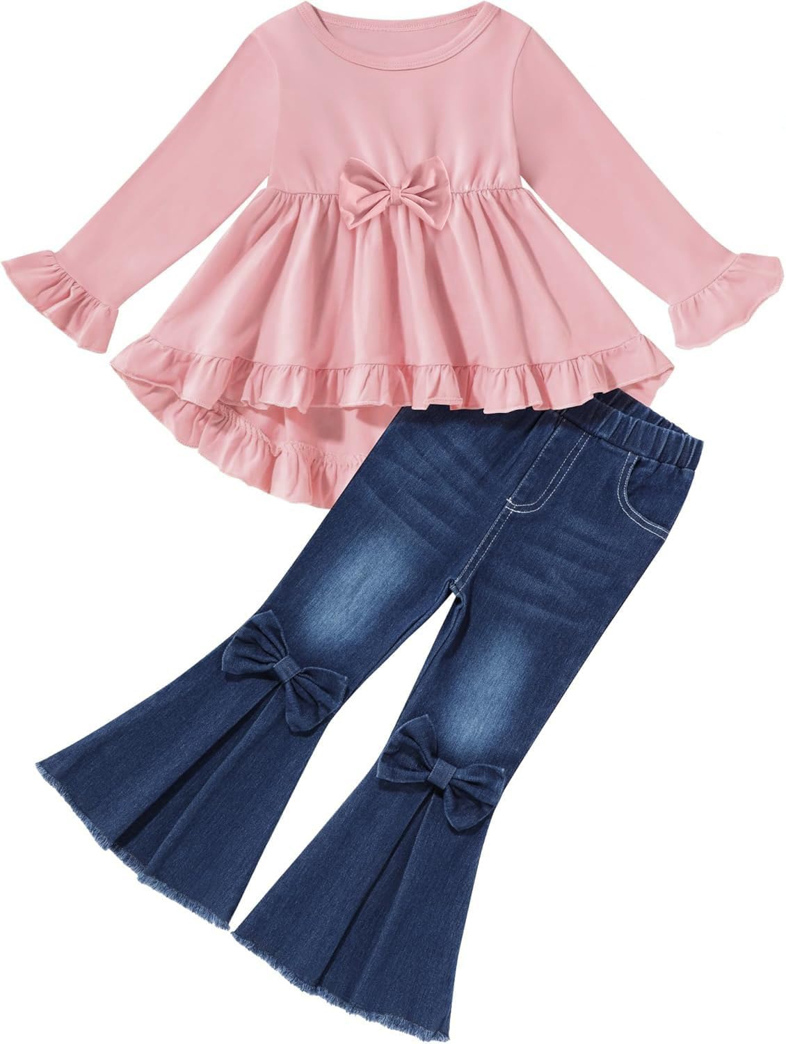Kid Toddler Girl Clothes Bowknot Ruffle Sleeve Top + Denim Bell Bottom Jeans Pants 2PC Fall Winter Outfit Set