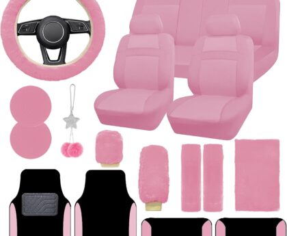 Car Seat Cover Full Set for Women with Waterproof Floor Mats,3D Air Mesh Car Seat Cover with 5mm Composite Sponge Inside,Universal Fluffy Steering Wheel Cover, Accessories Full SUV(Pink)