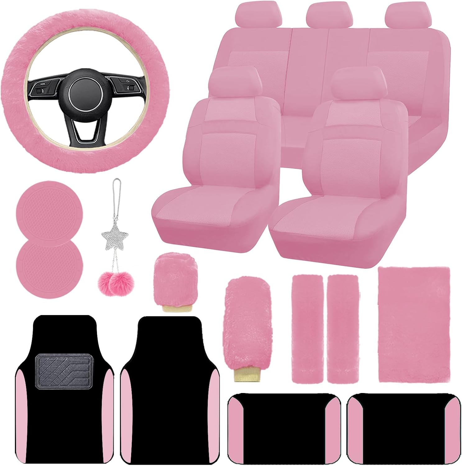 Car Seat Cover Full Set for Women with Waterproof Floor Mats,3D Air Mesh Car Seat Cover with 5mm Composite Sponge Inside,Universal Fluffy Steering Wheel Cover, Accessories Full SUV(Pink)