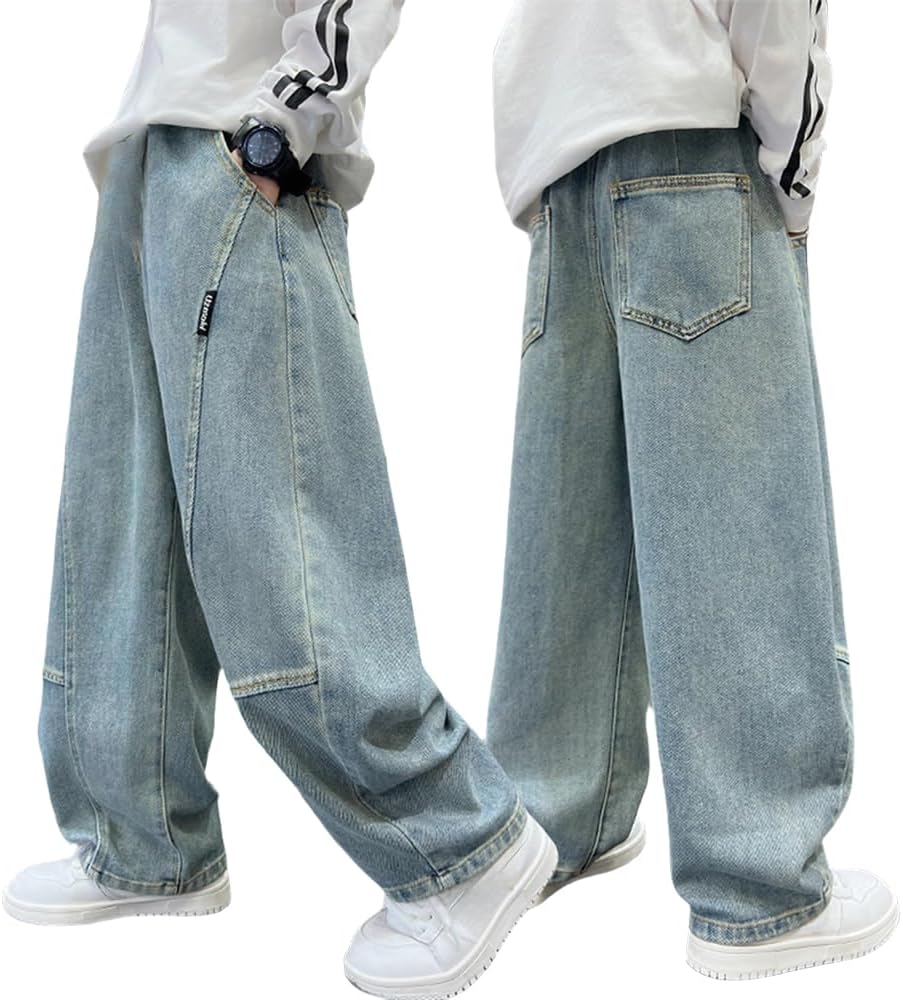 Nivne Tco Boys Baggy Jeans – Comfortable Streetwear Elastic Waist Pants with Pockets, Straight Leg Jeans for Tween