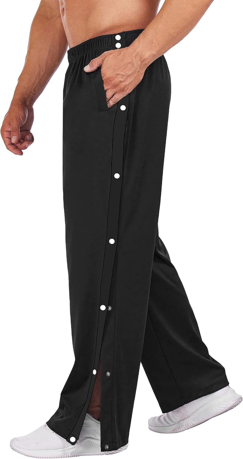 Deyeek Men’s Tear Away Basketball Pants High Split Snap Button Casual Post-Surgery Sweatpants with Pockets
