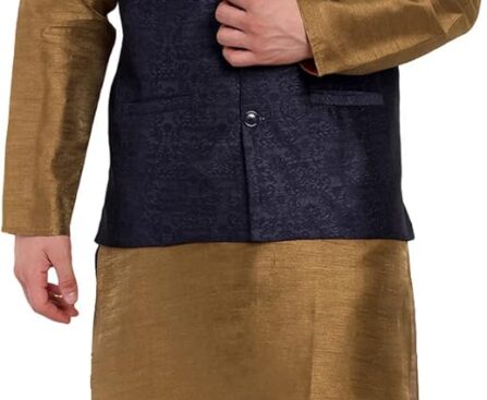 SKAVIJ Men’s Indian Traditional Dupion Silk Kurta Pajama Nehru Jacket (Waistcoat) Set
