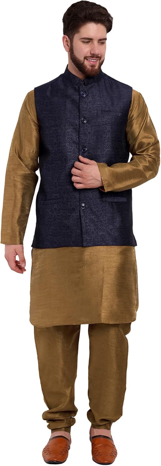 SKAVIJ Men’s Indian Traditional Dupion Silk Kurta Pajama Nehru Jacket (Waistcoat) Set