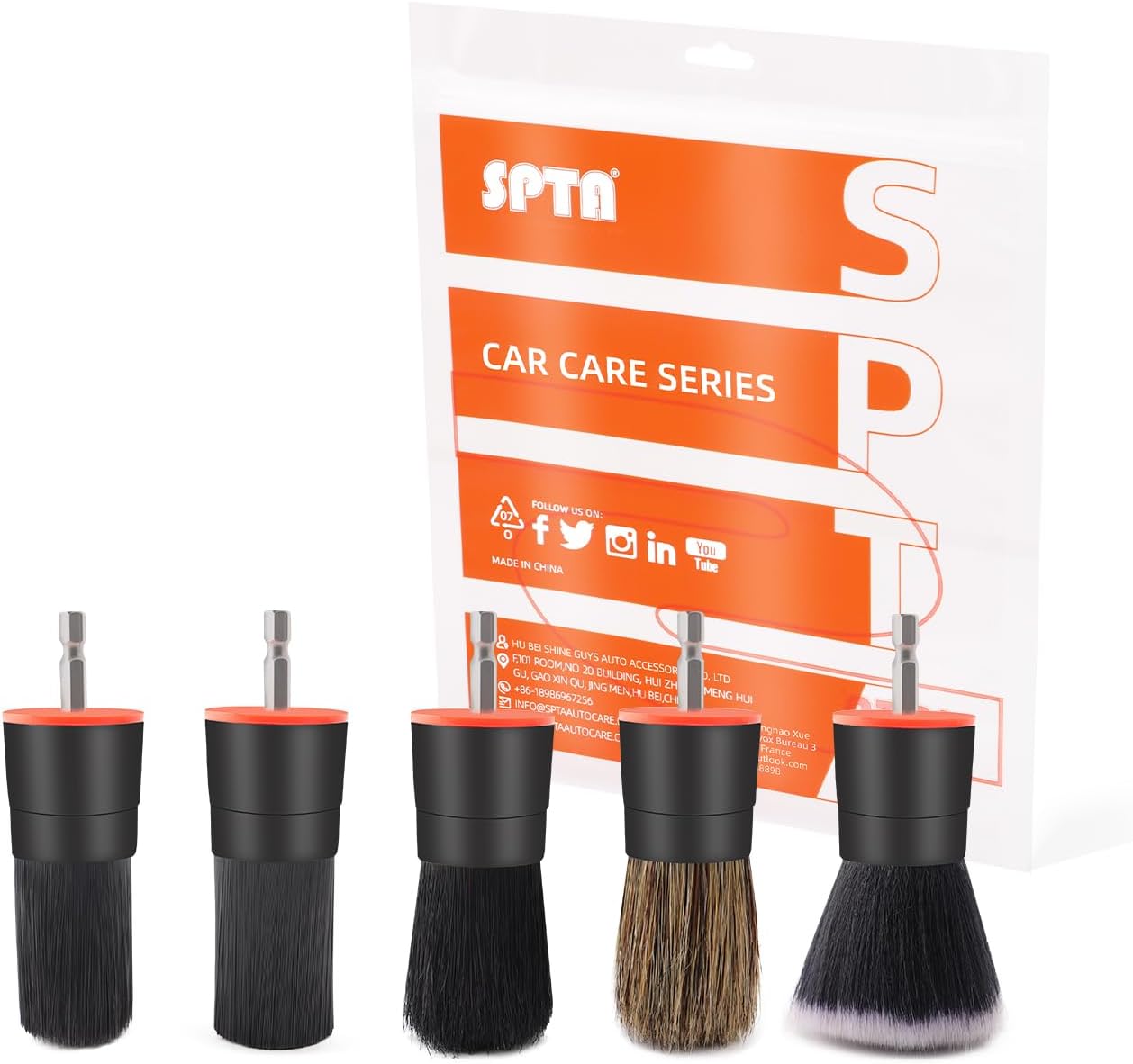 SPTA Drill Brush Attachment, 5 Pcs Mixed Hair Drill Brush Head Set, Auto Detail Set, Replacement Car Detail for Cleaning Interior or Exterior, Used on Electric, Electric Driver