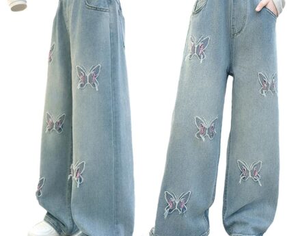 Nivne Tco Tween Girls Baggy Jeans, Casual Elastic Waistband Wide Leg Jeans with Butterfly Embroidered, Cute Pants for Girls
