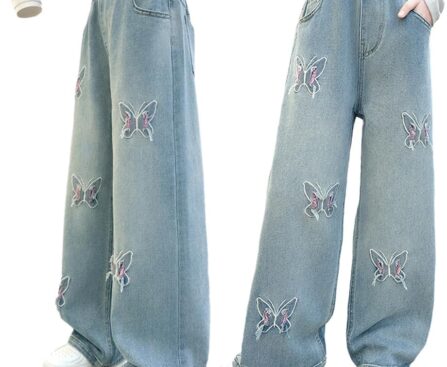Nivne Tco Tween Girls Baggy Jeans, Casual Elastic Waistband Wide Leg Jeans with Butterfly Embroidered, Cute Pants for Girls