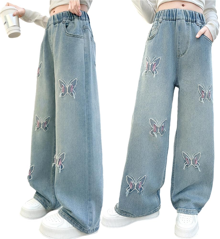 Nivne Tco Tween Girls Baggy Jeans, Casual Elastic Waistband Wide Leg Jeans with Butterfly Embroidered, Cute Pants for Girls