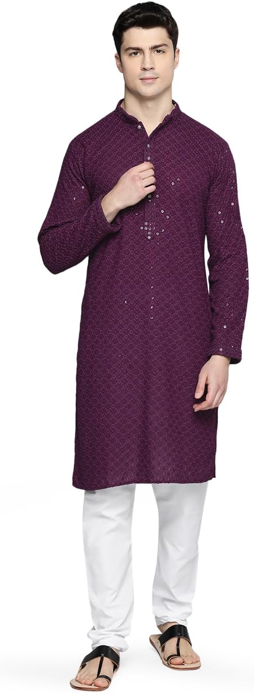 Maple Clothing Sequined Indian Cotton Men’s Kurta Pajama Chikankari Embroidered Wedding Guest Outfit