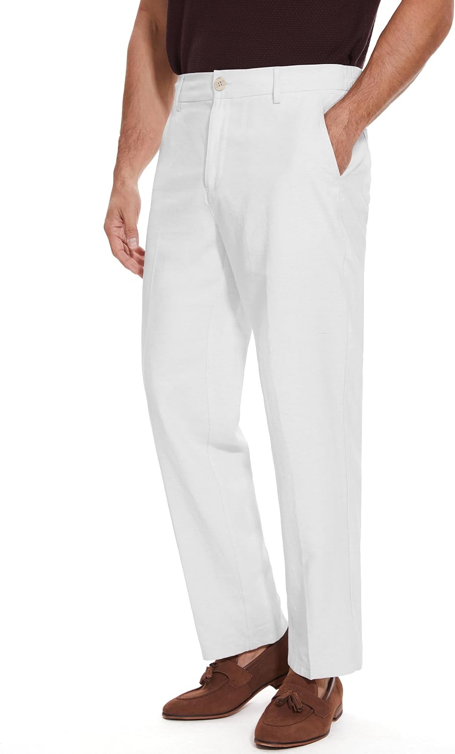 Tapata Men’s Linen Casual Dress Pants Lightweight Elastic Waist Slacks Straight Leg Regular Fit Trousers for Work Business