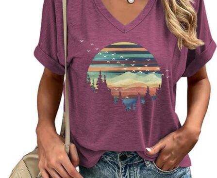 Graphic V Neck Shirt for Women Boho Floral Wildflowers Tee Casual Cottagecore Summer T-Shirt Blouse