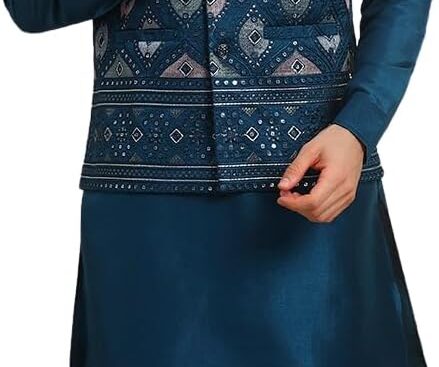 Pro-Ethic Style Developer Mens Heavy Cotton Silk Sequence Kurta Trouser Set With Waistcoat (Nehru Jacket) (C-118)