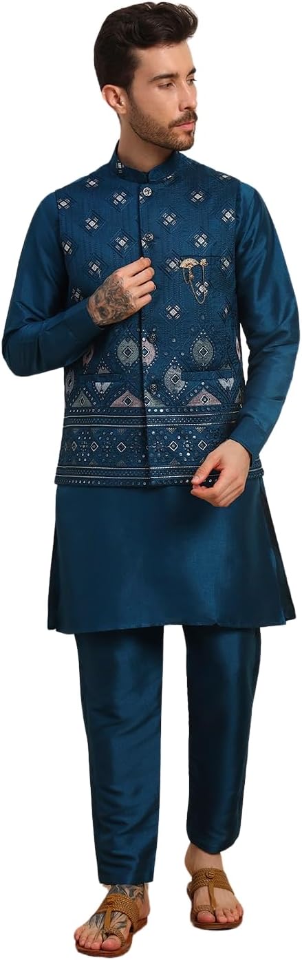 Pro-Ethic Style Developer Mens Heavy Cotton Silk Sequence Kurta Trouser Set With Waistcoat (Nehru Jacket) (C-118)