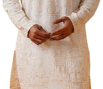 Sojanya (Since 1958 Men’S Cotton Silk Kantha Thread Embroidered Kurta With White Pyjama
