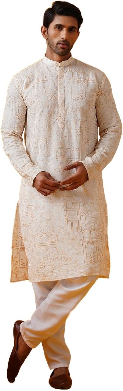 Sojanya (Since 1958 Men’S Cotton Silk Kantha Thread Embroidered Kurta With White Pyjama