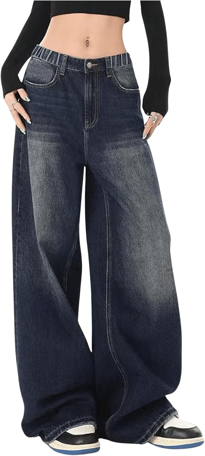 SHENHE Girl’s Baggy Jeans Wide Leg Low Rise Y2k Elastic Waist Loose Jeans Denim Pants