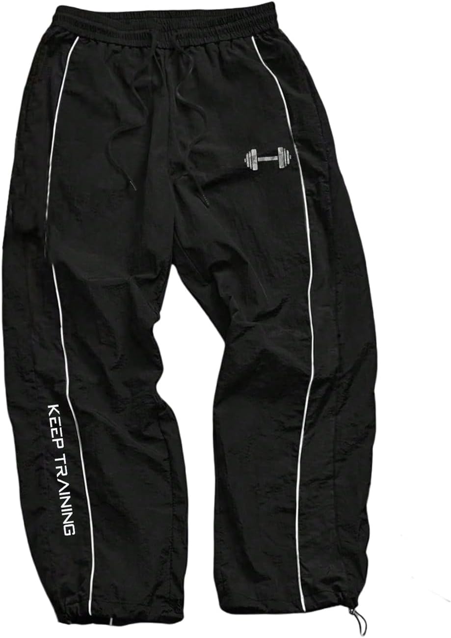 OYOANGLE Men’s Graphic Workout Pants Drawstring Waist Fitness Trousers Loose Fit Gym Running Breathable Sweatpants