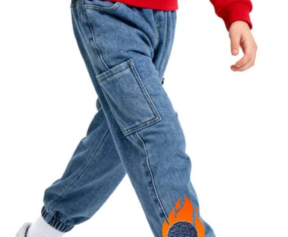 Winter Pants for Boys Fleece Lined Jeans, Toddler Cargo Pants with Elastic Waist for Boys Size4/5/6/7/8