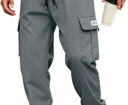 Men’s Casual Cargo Pants, Lightweight, Breathable, Quick-Drying Drawstring Ankle Cuffs & Multi-Pocket