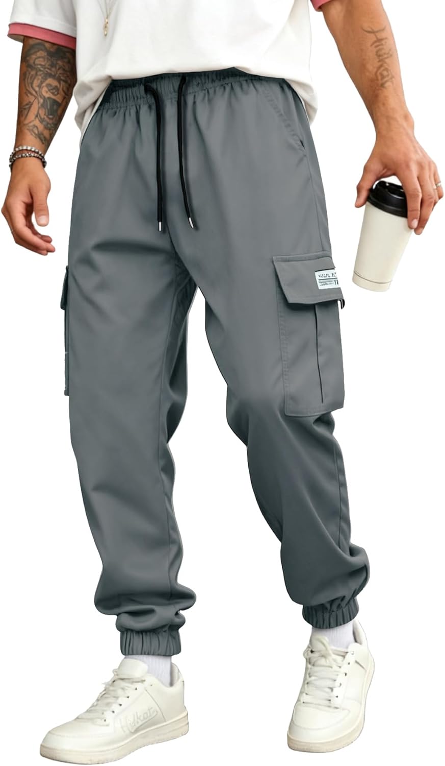 Men’s Casual Cargo Pants, Lightweight, Breathable, Quick-Drying Drawstring Ankle Cuffs & Multi-Pocket