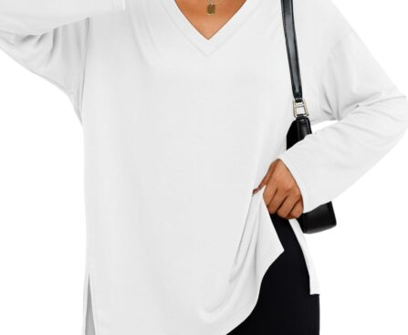 Trendy Queen Womens Oversized Long Sleeve T Shirts Side Slit Workout Tops Fall Fashion Plus Size Gym V Neck Basic Y2k Tees