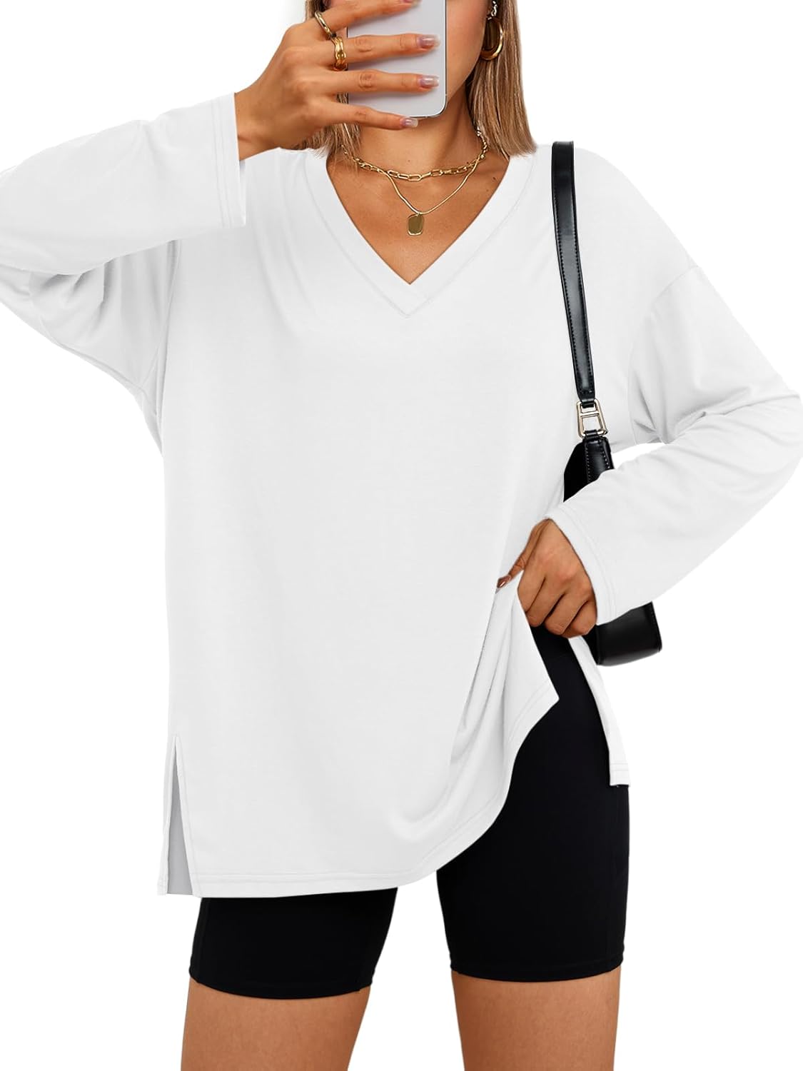 Trendy Queen Womens Oversized Long Sleeve T Shirts Side Slit Workout Tops Fall Fashion Plus Size Gym V Neck Basic Y2k Tees