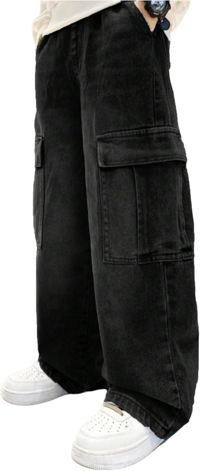 Verdusa Boys Jeans Baggy Vintage Straight Leg Denim Cargo Pants with Pockets 8-14 Years
