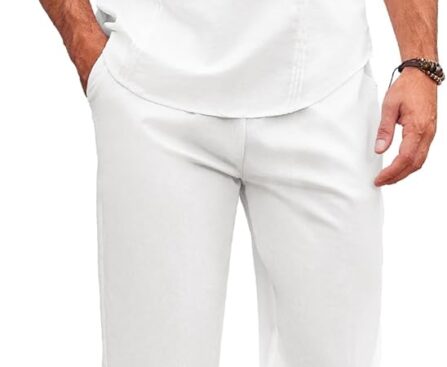 COOFANDY Men’s 2 Piece Cotton Sets Casual Long Sleeve Cuban Henley Shirt and Loose Pants Set Beach Vacation Outfits