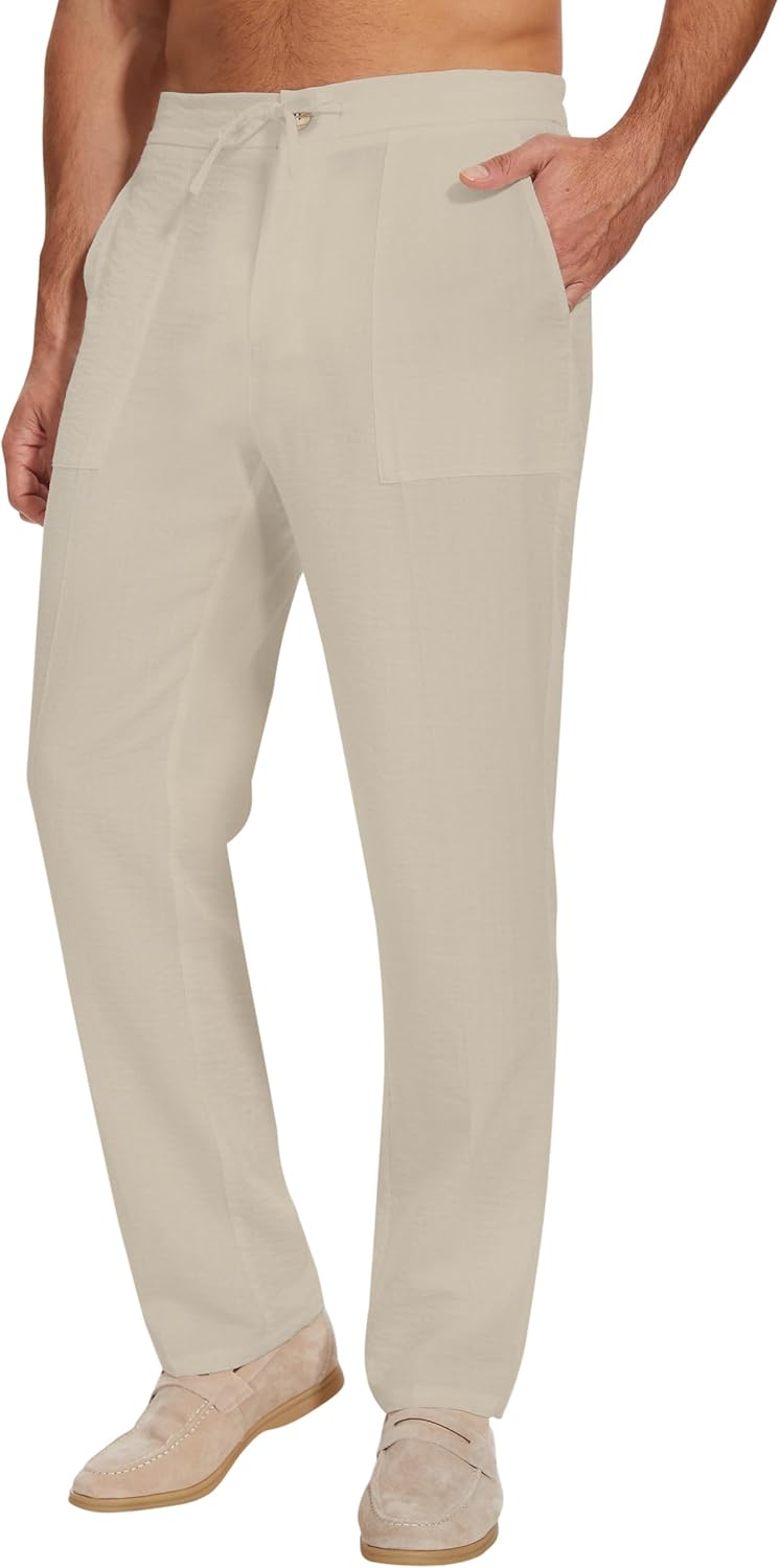 SEVEGO Mens Casual Linen Pants 30”/32”/34”/36” Elastic Waist Drawstring Straight-Legs Summer Beach Loose Fit Trouser