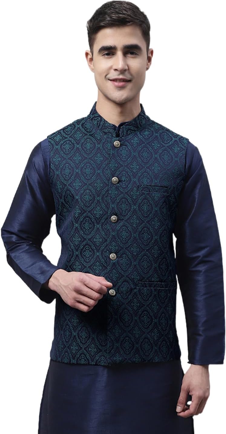 Maple Clothing Men’s Indian Waistcoat Nehru Jacket Bandhgala Guest Wedding Vest Outfit Brocade Silk Blend