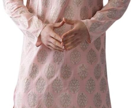 KISAH Men’s Kurta Dhoti Set – Printed Cotton Blend Ethnic Wear with Mandarin Collar – Traditional Outfit for Indian Weddings, Diwali, Eid & Celebrations, Peach, 42