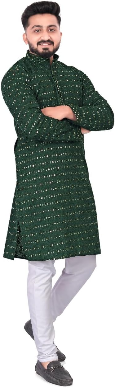 Men’s Embroidered Sequined Kurta with White Pyjama Set Indian Traditional Party Wear Outfit-Ethinic Wear