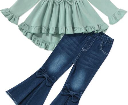 Kid Toddler Girl Clothes Bowknot Ruffle Sleeve Top + Denim Bell Bottom Jeans Pants 2PC Fall Winter Outfit Set