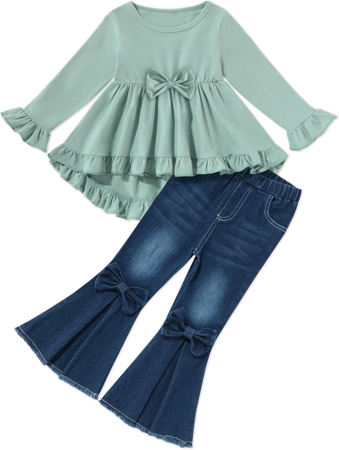 Kid Toddler Girl Clothes Bowknot Ruffle Sleeve Top + Denim Bell Bottom Jeans Pants 2PC Fall Winter Outfit Set