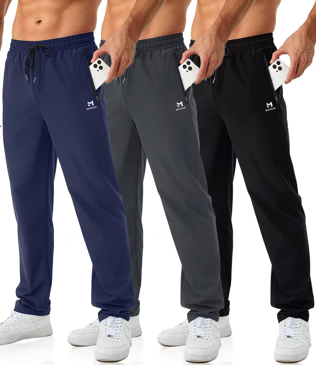 Mens Joggers with Zipper Pockets Open Bottom Sweatpants for Men 3 Pack Lightweight Track Pants Men for Workout,Gym
