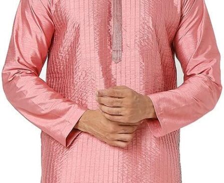 In-Sattva Men’s Vertical Pleat Embroidered Banded Collar and Placket Kurta Tunic
