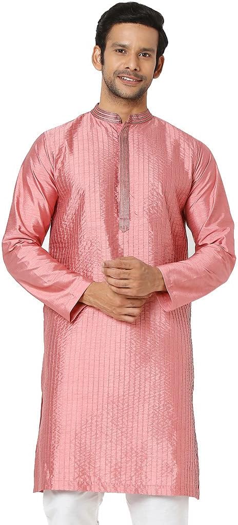 In-Sattva Men’s Vertical Pleat Embroidered Banded Collar and Placket Kurta Tunic