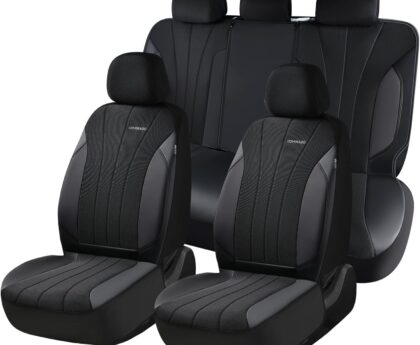 Coverado Car Seat Covers Full Set, Automotive Seat Covers 5-Piece, Leather Car Protectors 5 Seats, Black Auto Seat Covers Spill-Proof Design Universal Fit for SUV, Vans, Sedan, Truck