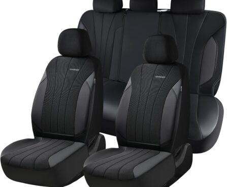 Coverado Car Seat Covers Full Set, Automotive Seat Covers 5-Piece, Leather Car Protectors 5 Seats, Black Auto Seat Covers Spill-Proof Design Universal Fit for SUV, Vans, Sedan, Truck