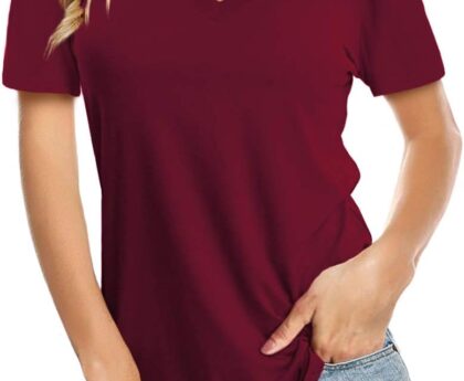 Amoretu Womens T Shirts V Neck Short Sleeve Tshirt Basic Tee Curved Hem Tops