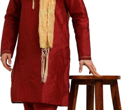 Men’s Tunic Art Silk Kurta Pajama and Scarf Suit Set Indian Clothing Wedding Party Dress Gifts Items