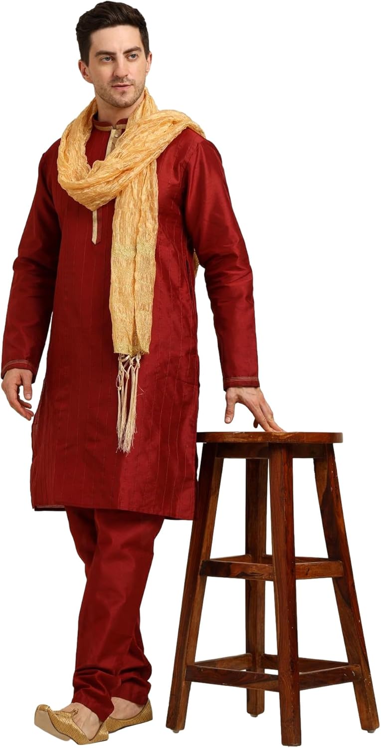 Men’s Tunic Art Silk Kurta Pajama and Scarf Suit Set Indian Clothing Wedding Party Dress Gifts Items