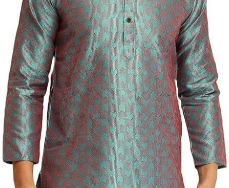Sojanya (Since 1958 Men’S Jacquard Silk Contrast Red Thread Woven Design Long Kurta
