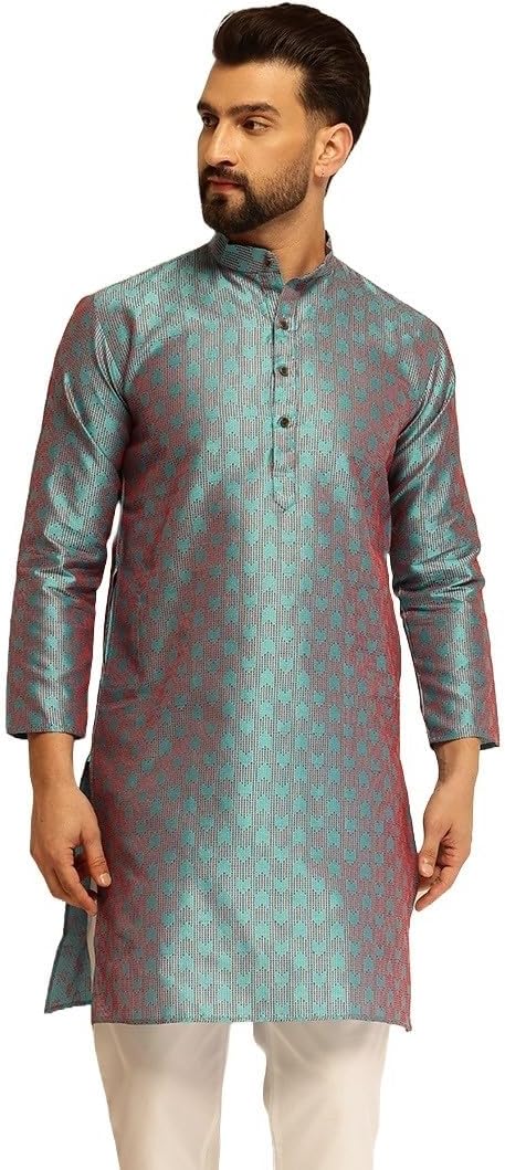 Sojanya (Since 1958 Men’S Jacquard Silk Contrast Red Thread Woven Design Long Kurta