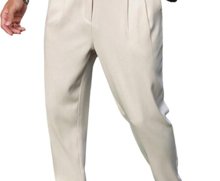 OYOANGLE Men’s Dress Pants Zipper Fly Pleated Business Casual Skinny Tapered Trousers