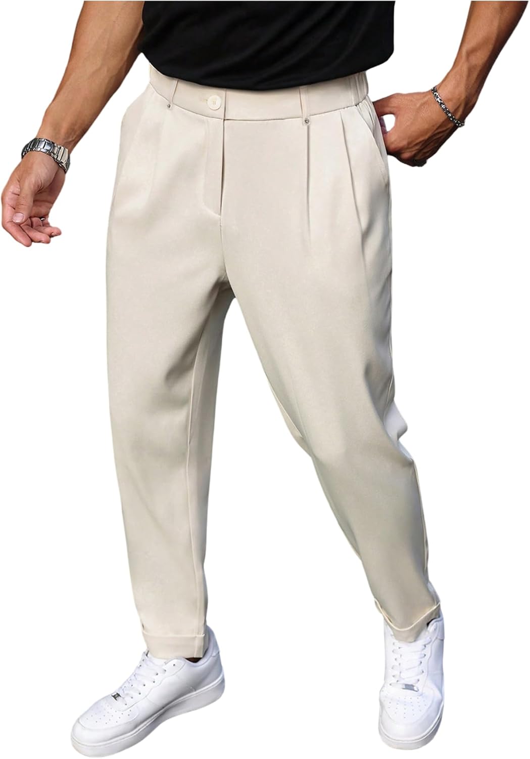 OYOANGLE Men’s Dress Pants Zipper Fly Pleated Business Casual Skinny Tapered Trousers