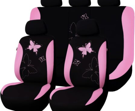 Flying Banner Butterfly car seat Covers ful Set Fashion Universal Lady Woman Female Rear Bench Split Colorized (Pink, Full Set – Lace)