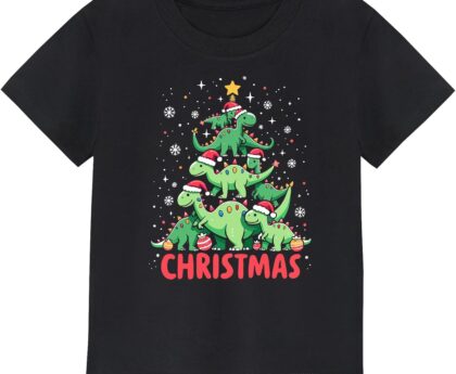 Christmas Shirts for Kids Featuring Cute Excavator Christmas Tree Dinosaur – Classic Crewneck Cotton Tees for Ages 2-7 Years